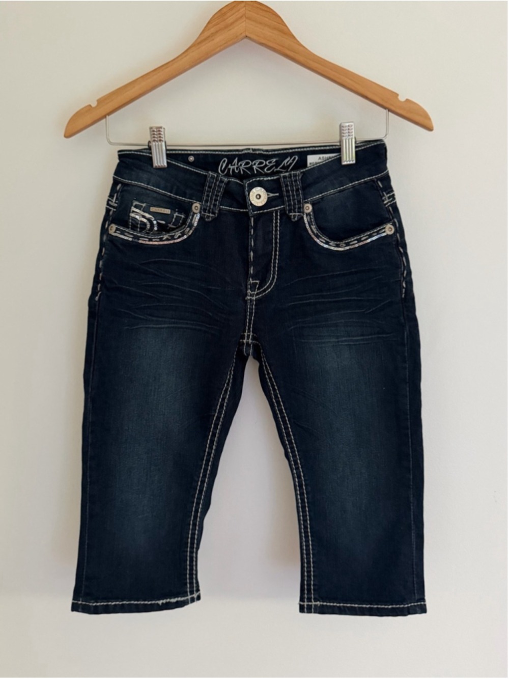 Carreli Ashley Bermuda Denim Shorts Size 25 Dark Wash Sequin Pocket Mid Rise